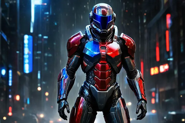 Man, futuristic armor, full body, deep Space, space armor suit, armor, style armor (smooth armor: 2.00) blu and red lights, gray and light blue metal chromed armor, red and blue lights, metal armor, diffusion (particles: 1.25) lights on armor, smooth helmet, grey metal chromed armor, aggressive looking, epic helmet, aggressive helmet, Eva helmet, galaxy, city closed street background