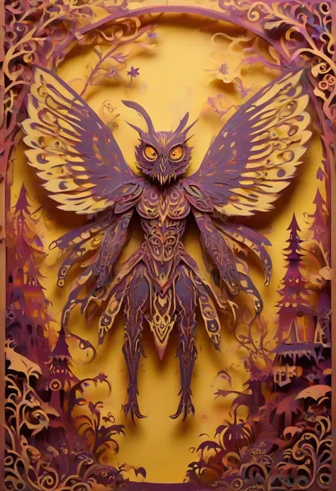 paper-cut of a mothman with ominous presence in an vibrant colored enchanted wonderland, magical, whimsical, fantasy art concept, steampunk, intricate details, best quality, masterpiece, ultra sharp, yellow theme background, <lora:Ath_paper-cut_XL:0.8>