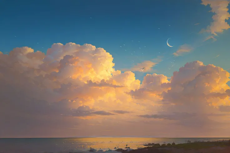 (best quality, masterpiece),  <lora:cloud:0.7>,sky, cloud,  no humans, bird, wide shot, perspective, moon, official art, wallpaper,8k,highres, sunset, star,(masterpiece, best quality, high quality, highres, ultra-detailed), sea,painting by sargent and rhads and leyendecker and greg hildebrandt