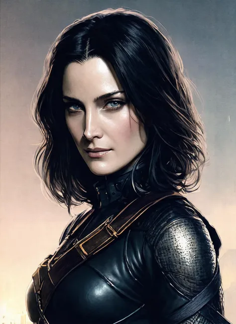 1girl, short black hair, blue eyes, breasts, trench coat, black shirt, evil smile, view from front, upper body focus, looking at viewer, from front, simple background, <lora:BillyButcher:0.75>, masterpiece, highest quality