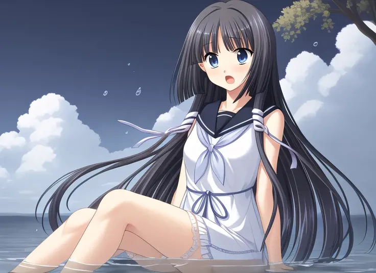 master piece,best quality,highres,original,minakami sakuya,ocean,school uniform,{beautiful detailed eyes},finely detail,Depth of field, 4k wallpaper,bluesky,cumulus,wind,insanely detailed frills,extremely detailed lace,BLUE SKY,very long hair,Slightly open mouth,cumulonimbus capillatus,slender waist,There are many scattered luminous petals,colorful flowers,Depth of field,She bowed her head in frustration,Many flying drops of water,exposed,Many scattered leaves,branch ,sitting,