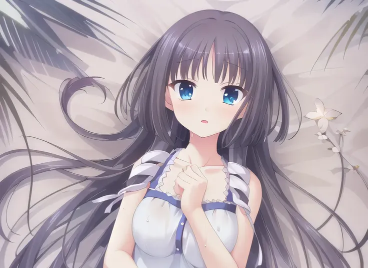 master piece,best quality,highres,original,minkami sakuya,1girl,white sundress,Crystal clear waters, {sparkling turquoise sea},depth of field, 4k wallpaper,insanely detailed palm trees,swaying in the wind,lying,wet,sunlight,blue sky, ((hair ribbon)), white dress,