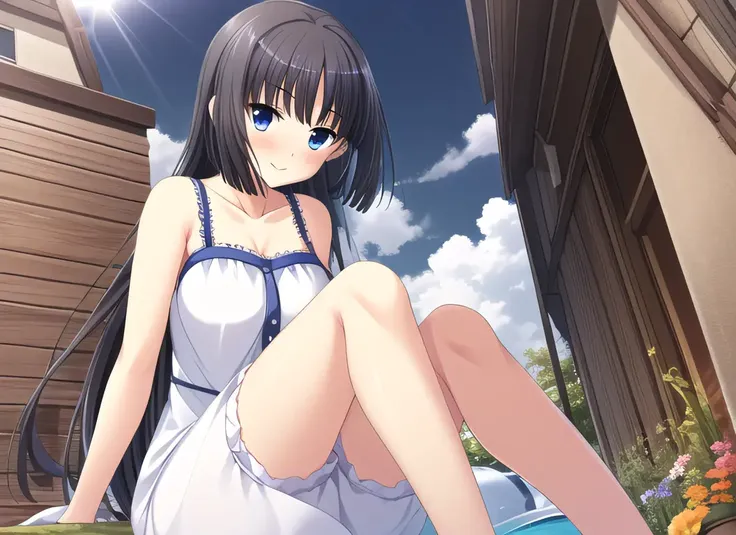 master piece,best quality,highres,original,dutch angle,minkami sakuya,1girl, ((white sundress,)),((hair ribbon)),sitting, alley,sunlight,in summer,flower pot(midday:1.5),(sunny:1.5),(Blue sky:1.2),in summer,(cloud),sitting,blush,Light smile,from below,extremely detailed CG unity 8k wallpaper,illustration,lens 135mm,masterpiece, best quality,naughty face,((hidden hands)),arms behind back, ocean,beach,
