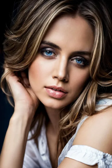 a photo of elzd wearing white shirt and blue jeans staring at the viewer,Highly Detailed,(close portrait:1.3),(Feminine:1.4),(beautiful:1.4),(attractive:1.3),calendar pose,perfectly detailed eyes,studio lighting,thematic background,  <lyco:ElizaD-RealVision-V1.0:1.0>