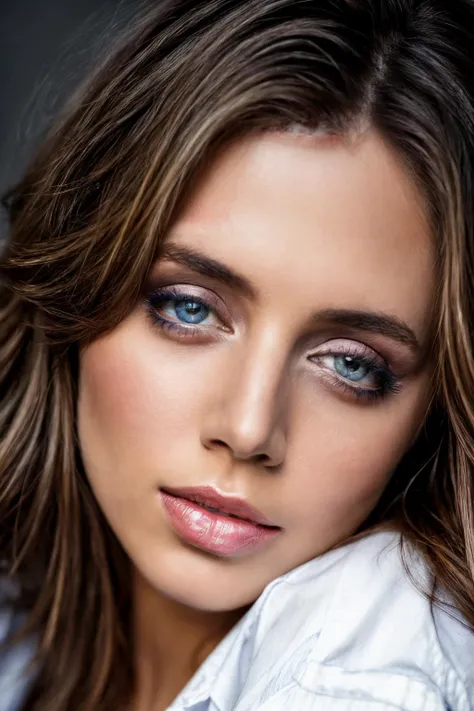 a photo of elzd wearing white shirt and blue jeans staring at the viewer,Highly Detailed,(close portrait:1.3),(Feminine:1.4),(beautiful:1.4),(attractive:1.3),calendar pose,perfectly detailed eyes,studio lighting,thematic background,  <lyco:ElizaD-RealVision-V1.0:1.0>