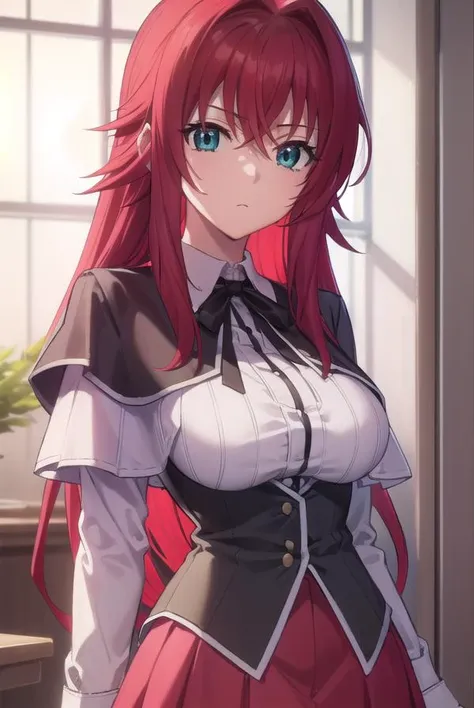 riasgremory, <lora:rias gremory anime s1-lora-nochekaiser:1>,
rias gremory, huge ahoge, long hair, hair between eyes, (green eyes:1.3), red hair,
BREAK shirt, ribbon, school uniform, white shirt, black ribbon, neck ribbon, capelet, black capelet, long sleeves, skirt, red skirt,
BREAK indoors, classroom,
BREAK looking at viewer, (cowboy shot:1.5),
BREAK <lyco:GoodHands-beta2:1>, (masterpiece:1.2), best quality, high resolution, unity 8k wallpaper, (illustration:0.8), (beautiful detailed eyes:1.6), extremely detailed face, perfect lighting, extremely detailed CG, (perfect hands, perfect anatomy),