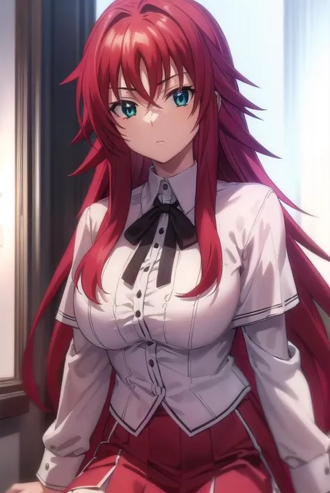 (Masterpiece:1.2, high quality:1.2), (solo:1.2), (1girl:1.2), (pixiv:1.4), (Rias gremory), indifferent, (glare:0.8), crimson red hair, wavy long hair, sharp bangs, crystal green eyes, (detailed eyes), double eyelids, black eyeshadow, long eyelashes, pale red lips, beautiful face, detailed face, neckline, busty cleavage, (beautiful round breats:1.2), , unbuttoned shirt, pleated skirt, skirt lift, white panty, exposed pantyhose, detailed pussy, (pov from below), stockings, leaning on desk, beside window, windowsill