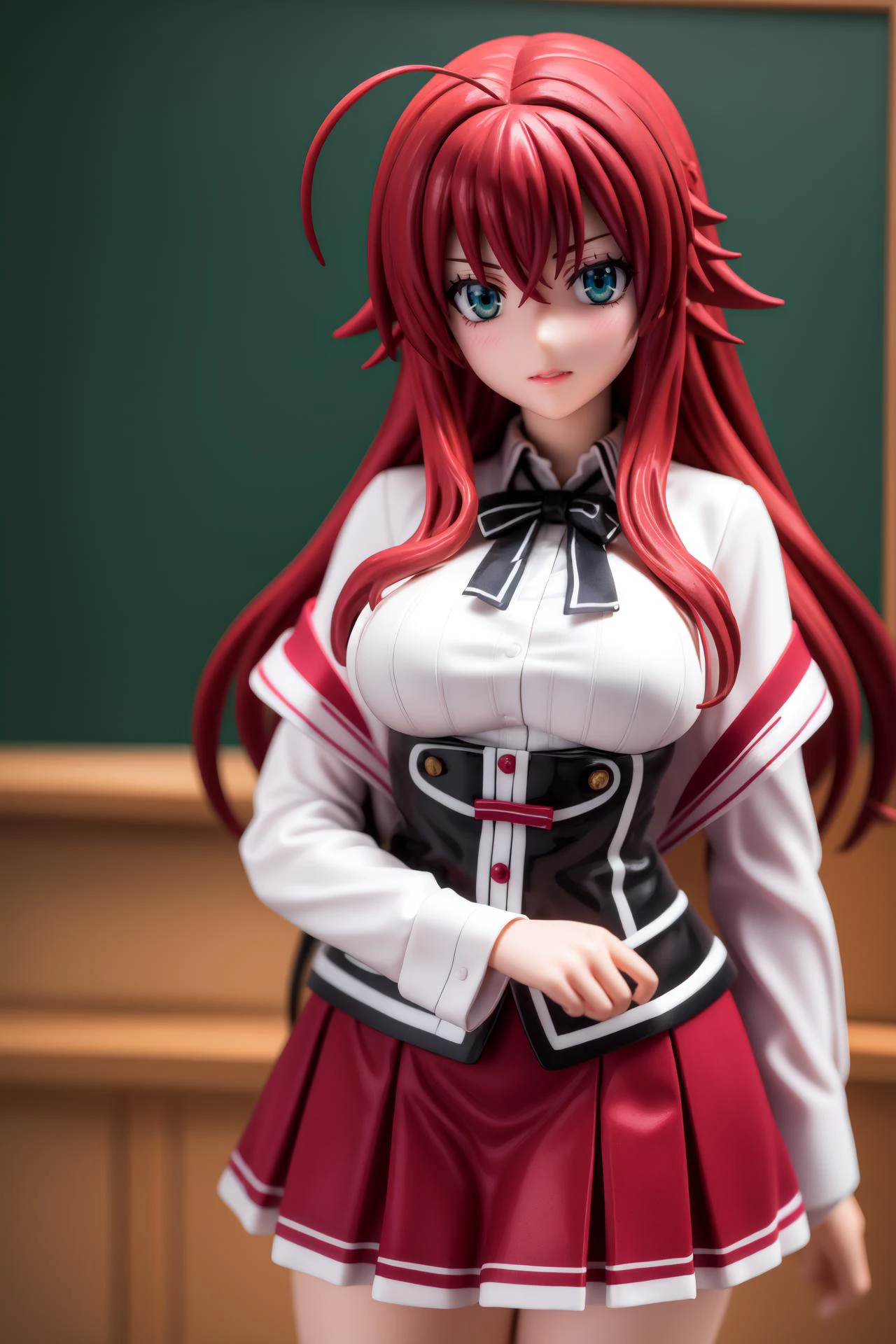 pvc style,riasgremory, <lora:rias gremory anime s1-lora-nochekaiser:1>,
rias gremory, huge ahoge, long hair, hair between eyes, (green eyes:1.3), red hair,
BREAK shirt, ribbon, school uniform, white shirt, black ribbon, neck ribbon, capelet, black capelet, long sleeves, skirt, red skirt,
BREAK indoors, classroom,
BREAK looking at viewer, (cowboy shot:1.5),
BREAK (masterpiece:1.2), best quality, high resolution, unity 8k wallpaper, (illustration:0.8), (beautiful detailed eyes:1.6), extremely detailed face, perfect lighting, extremely detailed CG, (perfect hands, perfect anatomy),,figma,full body,