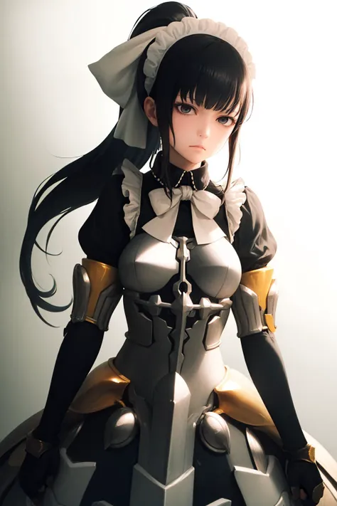 (masterpiece, best quality:1.2), <lyco:ol_narberalgamma-10:1.0>, cowboy shot, solo, 1girl, olnarberal, expressionless, closed mouth, looking at viewer, ponytail, maid headdress, maid, armored dress, gauntlets