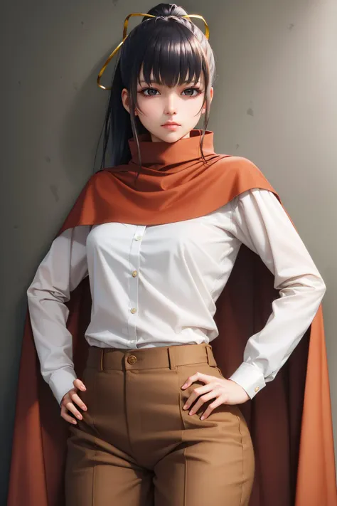 (masterpiece, best quality:1.2), <lyco:ol_narberalgamma-10:1.0>, cowboy shot, solo, 1girl, olnarberal, expressionless, closed mouth, looking at viewer, hand on hip, ponytail, hair ribbon, shirt, cape, brown pants