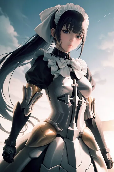 (masterpiece, best quality:1.2), <lyco:ol_narberalgamma-10:1.0>, cowboy shot, solo, 1girl, olnarberal, expressionless, closed mouth, looking at viewer, ponytail, maid headdress, maid, armored dress, gauntlets