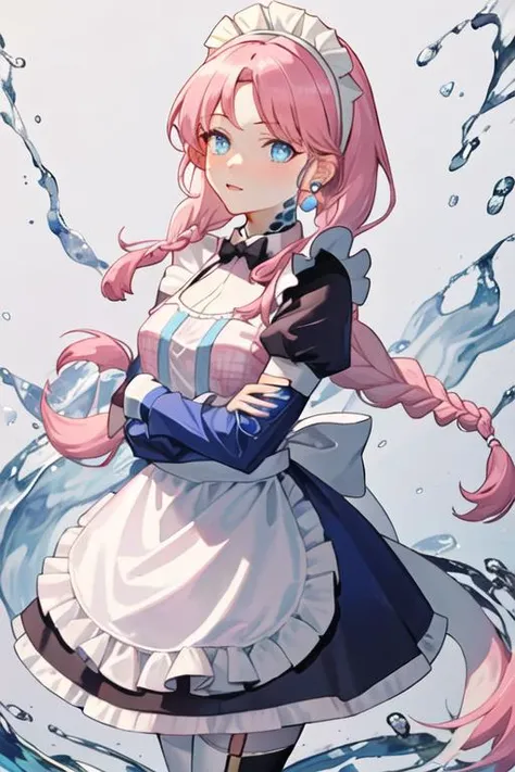 best quality, masterpiece, highres, solo, {maid:1.40}, {long maid dress:1.15}, {blue_poison_arknights:1.15}, blue_eyes, pink_hair, bangs, long_hair, braid, twin_braids, hairband, earrings, jewelry, breasts, upper_body