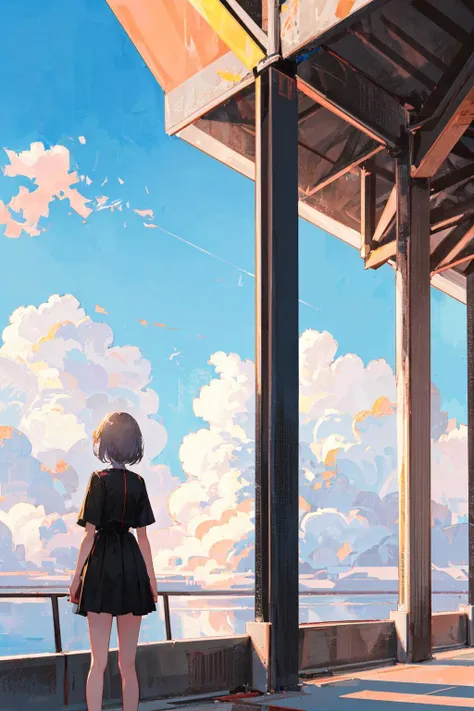 ((best quality, masterpiece, absurdres, super-resolution)) girl, cloud, a digital representation of an AI hand, made up of a myriad of pixels, evolving from a basic binary structure