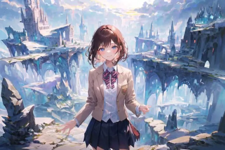 (masterpiece, best quality, excellent quality), ((1girl, solo, cowboy shot)), school uniform, microskirt, blazer, white shirt, closed mouth, light smile, looking at viewer, (fantasy landscape, fictional landscape)