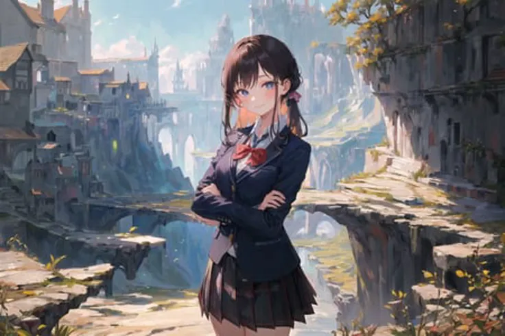 (masterpiece, best quality, excellent quality), ((1girl, solo, cowboy shot)), school uniform, microskirt, blazer, white shirt, closed mouth, light smile, looking at viewer, (fantasy landscape, fictional landscape)