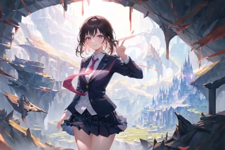 (masterpiece, best quality, excellent quality), ((1girl, solo, cowboy shot)), school uniform, long necktie, blazer, microskirt, side slit skirt, pleated skirt, closed mouth, light smile, looking at viewer, (fantasy landscape, fictional landscape)