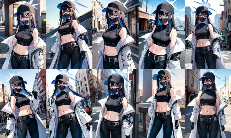 masterpiece, best quality, highres, aasaori, halo, long hair, black hair, hat, black headwear, black mask, mouth mask, bare shoulders, crop top, black shirt, harness, sleeveless, black gloves, midriff, belt, black pants, <lora:saori_(blue_archive)_v1:0.7>, standing, cowboy shot, outdoors