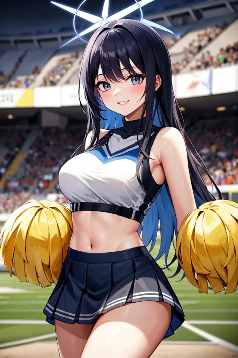 rinko,large breasts,cleavage,erected nipples,long hair, ponytail,blue hair, hair between eyes, sidelocks, purple eyes,looking at viewer,(highres, high quality:1.1), intricate details, cinematic lighting,get sweaty ,sweaty skin, (wet gleaming skin:1.1),spread legs, (cheerleader, crop top, ultra miniskirt, bare shoulders, standing,holding pom pom), outdoors, stadium, sunlight, bright sky, blue sky with clouds, winds, god rays, light rays, ,(red blush,crying),show off pussy,(no panties:1.2),(metal dog collar:1.2),from below,detailed legs, flexible, dynamic pose