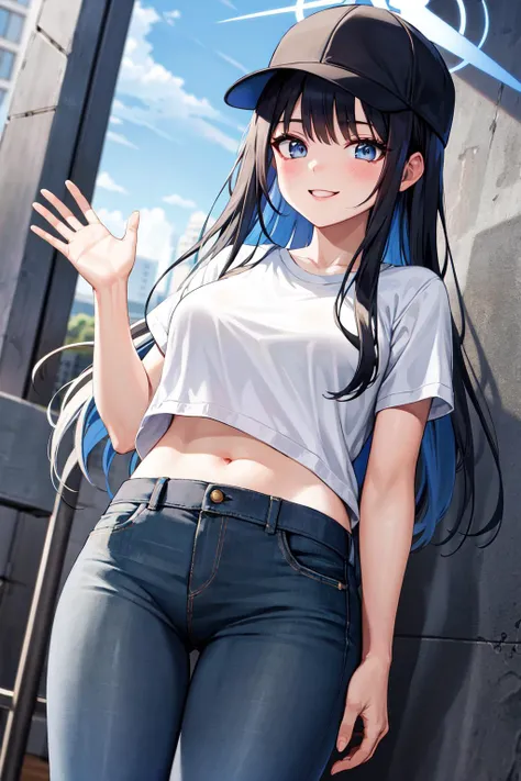 masterpiece, best quality, highres, aasaori, halo, long hair, black hair, hat, black headwear, <lora:saori_(blue_archive)_v1:0.7>, white shirt, t-shirt, jeans, midriff, waving, smile