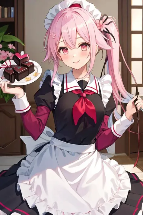 best quality, masterpiece, highres, solo, {harusame_kantaicollection:1.15}, pink_hair, side_ponytail, long_hair, blue_hair, pink_eyes, gradient_hair, multicolored_hair, ribbon, hair_ornament, hat, beret, serafuku, red_eyes, blush, flower, hair_flower, smile, hair_ribbon, 1girl, alternate_costume, apron, chocolate, enmaided, heart, looking_at_viewer, maid, maid_headdress, valentine, food, heart-shaped_chocolate, candy, maid_apron, holding, long_sleeves, adapted_costume