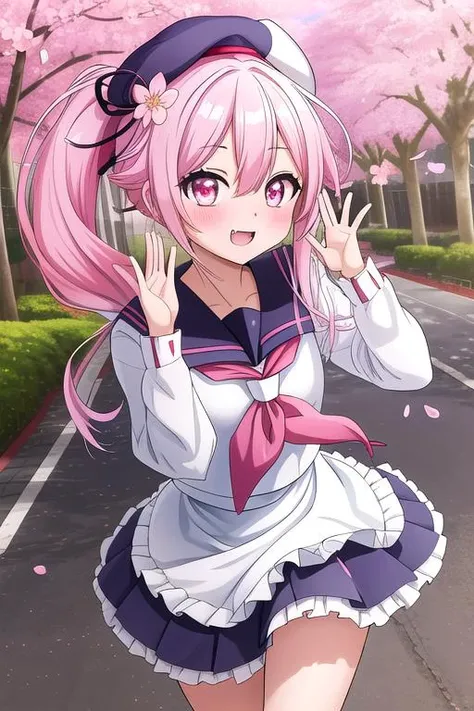 masterpiece, best quality,ultra detail, <lora:anmnr01:0.3>  <lora:add_detail:0.5>,<lora:GoodHands-vanilla:0.8>,petite,from above,waving at viewer
 ,park,tree-lined avenue,evil smile,blush,strong wind, harusame_kantaicollection <lora:harusame_kantaicollection:0.7>,cherryblossom,falling cherry-blossoms,evil smile,fang,open mouth,pink_hair, side_ponytail, long_hair, blue_hair, pink_eyes, gradient_hair, multicolored_hair, ribbon, hair_ornament, hat, beret, serafuku, red_eyes, blush, flower, hair_flower, smile, hair_ribbon,running,dutch angle