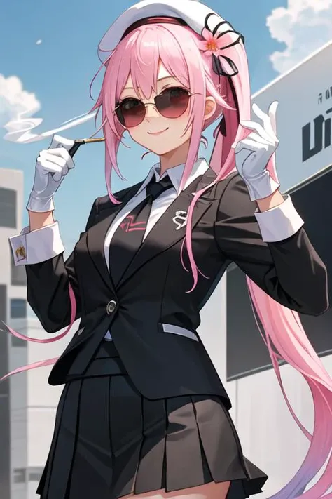 best quality, masterpiece, highres, solo, (mika_bluearchive:1.10), (black business suit:1.40), (tie:1.20), (sunglasses:1.25), (white gloves:1.15), (white shirt:1.10), (black skirt:1.15), (smoking:1.20), handsome, 33 <lora:mika_bluearchive:0.80>