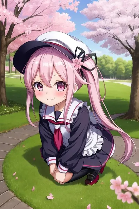 masterpiece, best quality,ultra detail, <lora:anmnr01:0.3> <lora:add_detail:0.5>,<lora:GoodHands-vanilla:0.8>,petite,from above
,park,tree-lined avenue,evil smile,blush,strong wind,crouching harusame_kantaicollection <lora:harusame_kantaicollection:0.7>,cherryblossom,