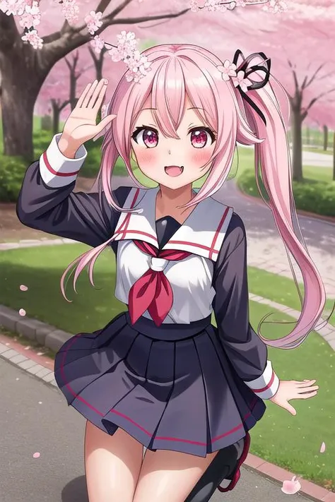 masterpiece, best quality,ultra detail, <lora:anmnr01:0.3> <lora:add_detail:0.5>,<lora:GoodHands-vanilla:0.8>,petite,from above,waving at viewer
,park,tree-lined avenue,evil smile,blush,strong wind, harusame_kantaicollection <lora:harusame_kantaicollection:0.7>,cherryblossom,falling cherry-blossoms,evil smile,fang,open mouth