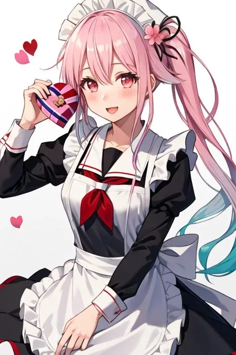 best quality, masterpiece, highres, solo, {harusame_kantaicollection:1.15}, pink_hair, side_ponytail, long_hair, blue_hair, pink_eyes, gradient_hair, multicolored_hair, ribbon, hair_ornament, hat, beret, serafuku, red_eyes, blush, flower, hair_flower, smile, hair_ribbon, 1girl, alternate_costume, apron, box, enmaided, gift, heart, heart-shaped_box, holding, holding_gift, looking_at_viewer, maid, maid_headdress, neckerchief, valentine, adapted_costume, dress, long_sleeves, red_neckerchief, simple_background, white_apron, white_background, breasts, hair_between_eyes, hair_flaps, maid_apron, medium_breasts, open_mouth, upper_body