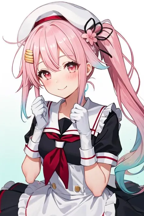 best quality, masterpiece, highres, solo, {akashi_kantaicollection:1.15}, pink_hair, long_hair, hair_ribbon, ribbon, green_eyes, tress_ribbon, blush, breasts, smile, open_mouth, large_breasts, 1girl, black_hairband, black_panties, blue_skirt, cosplay, crop_top, elbow_gloves, gloves, hairband, highleg, highleg_panties, looking_at_viewer, microskirt, panties, pleated_skirt, sailor_collar, school_uniform, serafuku, shimakaze_\(kancolle\)_\(cosplay\), skirt, underwear, white_gloves, blue_sailor_collar, miniskirt, striped, black_neckerchief, hair_between_eyes, navel, neckerchief, simple_background, striped_thighhighs, thighhighs, white_background