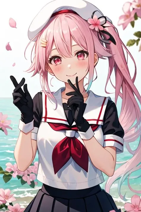 best quality, masterpiece, highres, solo, {harusame_kantaicollection:1.15}, pink_hair, side_ponytail, long_hair, blue_hair, pink_eyes, gradient_hair, multicolored_hair, ribbon, hair_ornament, hat, beret, serafuku, red_eyes, blush, flower, hair_flower, smile, hair_ribbon, 1girl, black_serafuku, looking_at_viewer, neckerchief, school_uniform, black_gloves, gloves, pleated_skirt, sailor_collar, skirt, black_skirt, short_sleeves, v, water