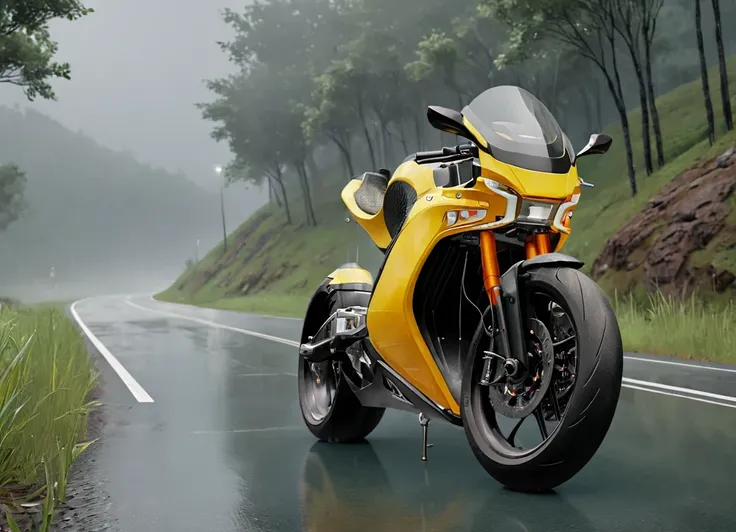 obc06 Motorcycle <lora:06_vehicle_obc06:1.0> on a road, 
outside, tangible,
nature at background, professional, realistic, high quality,
Rain showers and fog, <lora:general_vehicle:-0.20>