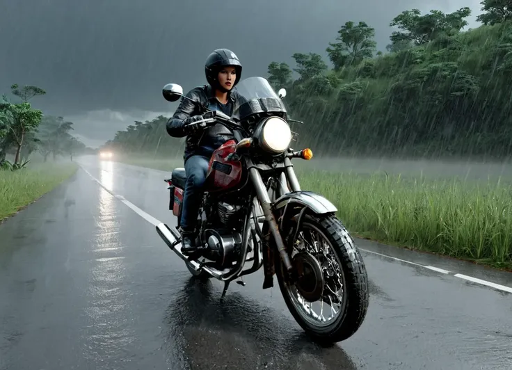 obc02 Motorcycle <lora:02_vehicle_obc02:1.0> on a road, 
outside, shaky,
nature at background, professional, realistic, high quality,
Torrential rain and thunder, <lora:general_vehicle:-0.15>