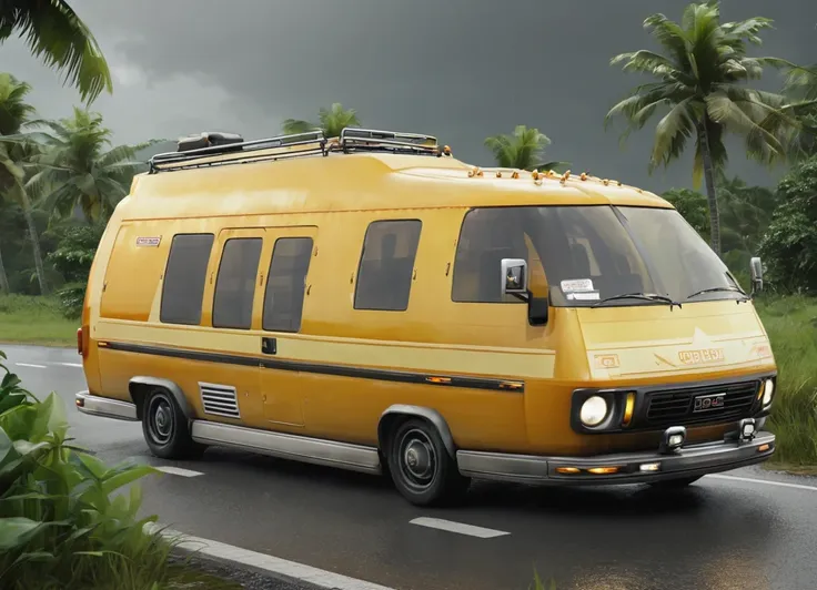 obc11 Van <lora:11_vehicle_obc11:1.0> on a road, 
outside, moody,
nature at background, professional, realistic, high quality,
Tropical storm conditions, <lora:general_vehicle:-0.05>