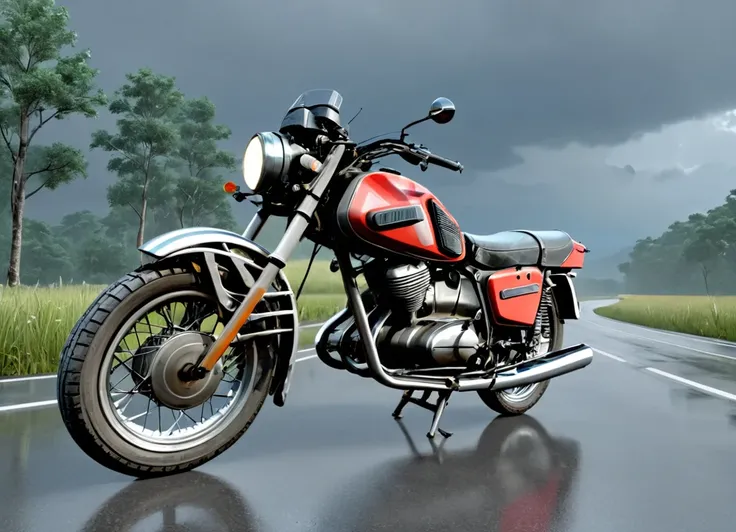 obc02 Motorcycle <lora:02_vehicle_obc02:1.0> on a road,
outside, retrofuturistic,
nature at background, professional, realistic, high quality,
Cloudy with light rain, <lora:general_vehicle:-0.15>