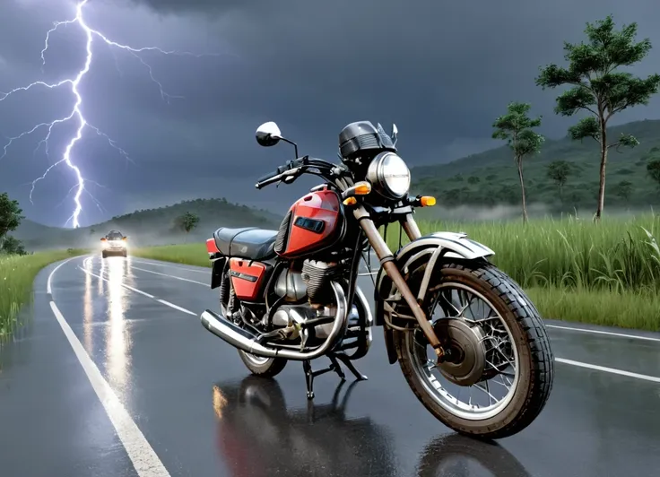 obc02 Motorcycle <lora:02_vehicle_obc02:1.0> on a road, 
outside, tough,
nature at background, professional, realistic, high quality,
Rainy with occasional lightning, <lora:general_vehicle:-0.20>