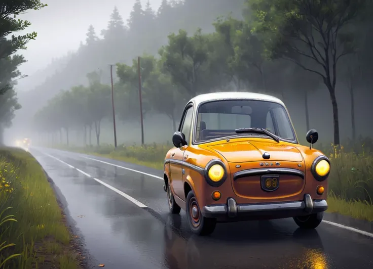 obc04 Car <lora:04_vehicle_obc04:1.0> on a road,
outside, tangible,
nature at background, professional, realistic, high quality,
Rain showers and fog, <lora:general_vehicle:-0.20>