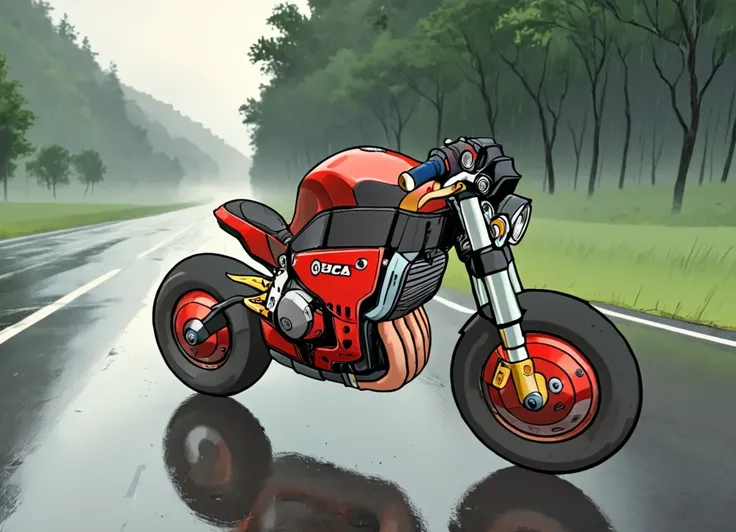 obc24 Motorcycle <lora:24_vehicle_obc24:1.0> on a road, 
outside, minimalist,
nature at background, professional, realistic, high quality,
Thunderstorms with heavy rain, <lora:general_vehicle:-0.25>