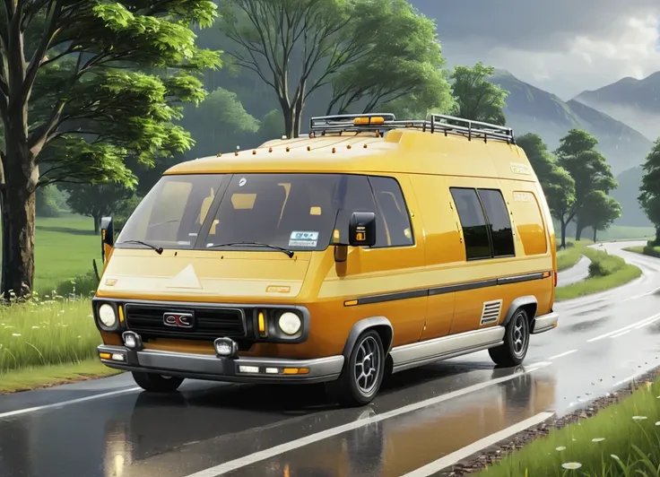 obc11 Van <lora:11_vehicle_obc11:1.0> on a road, 
outside, gentle,
nature at background, professional, realistic, high quality,
Sunny with light rain, <lora:general_vehicle:-0.15>