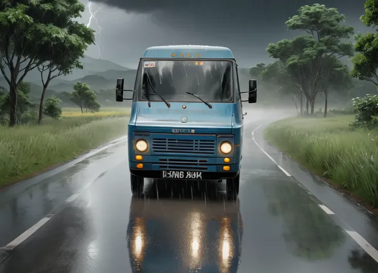 obc08 Van <lora:08_vehicle_obc08:1.0> on a road, 
outside, shaky,
nature at background, professional, realistic, high quality,
Torrential rain and thunder, <lora:general_vehicle:-0.15>