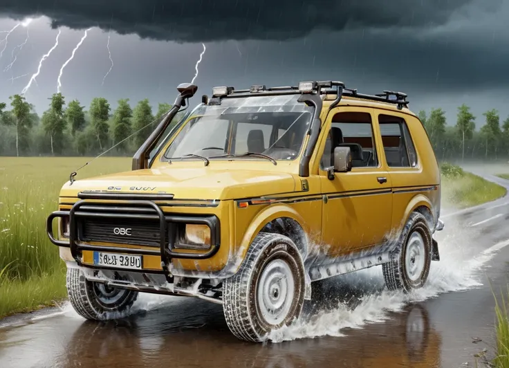 obc20 SUV <lora:20_vehicle_obc20:1.0> on a road, 
outside, grouchy,
nature at background, professional, realistic, high quality,
Thunderstorms with heavy rain, <lora:general_vehicle:-0.15>