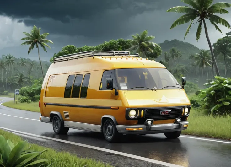 obc11 Van <lora:11_vehicle_obc11:1.0> on a road, 
outside, grouchy,
nature at background, professional, realistic, high quality,
Tropical storm conditions, <lora:general_vehicle:-0.05>