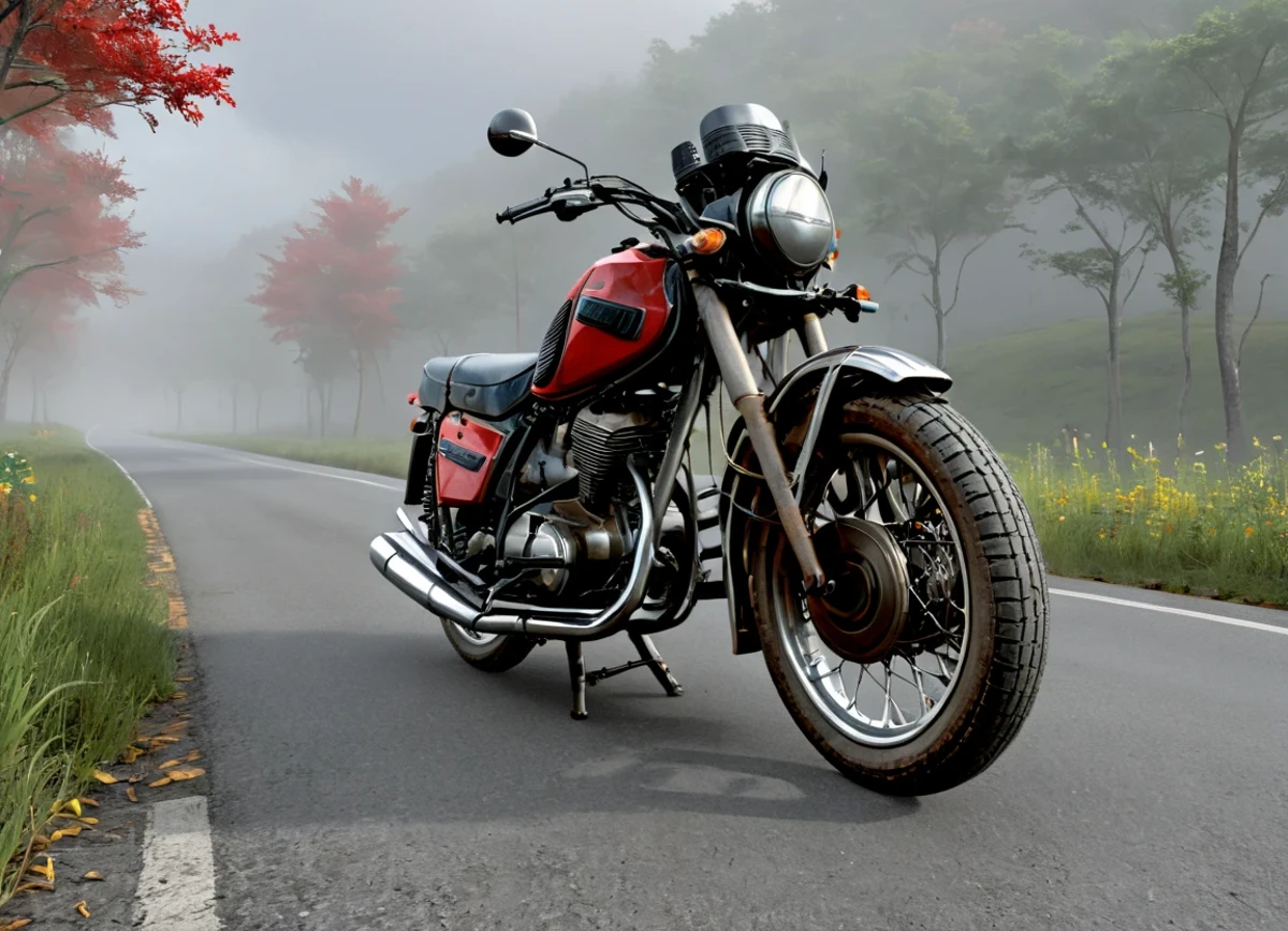 obc02 Motorcycle <lora:02_vehicle_obc02:1.0> on a road,
outside, colorful,
nature at background, professional, realistic, high quality,
Overcast with fog patches, <lora:general_vehicle:-0.25>
