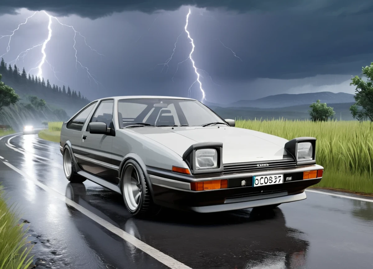 obc07 Car <lora:07_vehicle_obc07:1.0> on a road,
outside, tough,
nature at background, professional, realistic, high quality,
Rainy with occasional lightning, <lora:general_vehicle:-0.20>