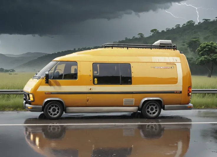 obc11 Van <lora:11_vehicle_obc11:1.0> on a road, 
outside, shaky,
nature at background, professional, realistic, high quality,
Torrential rain and thunder, <lora:general_vehicle:-0.15>