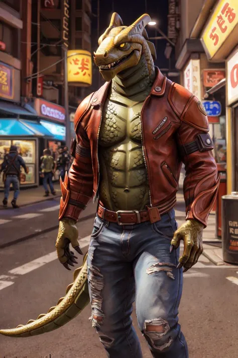 hybrid (fortnite), dragon, lizard, reptile, scalie, scales, safe, abs, anthro, open leather jacket, claws, clothing, jeans, male, muscular, plant, solo, tokyo, street, akihabara, neon lights
BREAK,
by bruteandbrawn, by personalami, by kenket, (intricate, high detail, film photography, soft focus, RAW candid cinema,
photorealism, realistic, photorealistic, analog style, subsurface scattering,
masterpiece, best quality, ultra realistic, 8k)