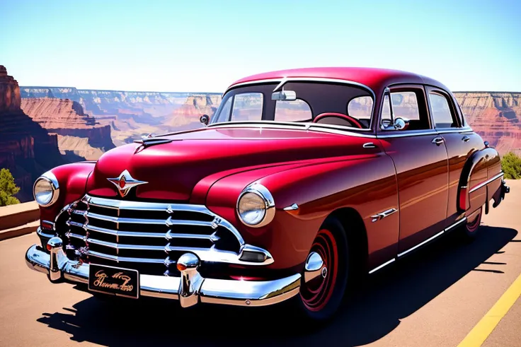 (inked original-art:1.2), (lineart:1.31), (fine-details:1.3) HudsonHornet, a dark red car, parked next to the Grand Canyon