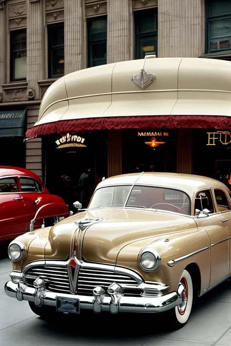 HudsonHornet, a brown car, parked on the street in 1950s new york city