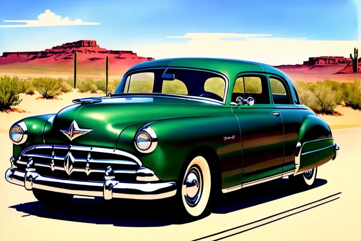 (inked original-art:1.2), (lineart:1.31), (fine-details:1.3) illustration of a HudsonHornet, a dark green car driving in the arizona desert near gas station