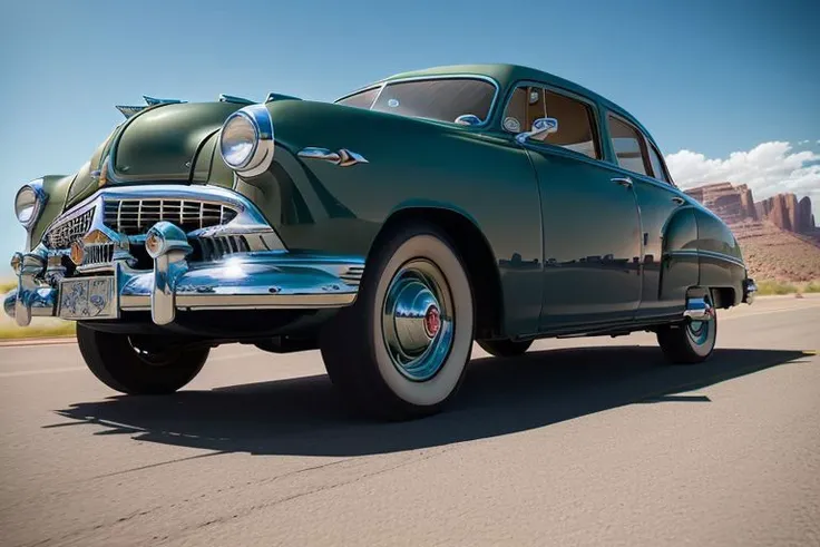 RAW photo(fine-details:1.3)of a HudsonHornet, a dark green car driving in the arizona desert near gas station, ((High Angle Shot, Quarter Turn Camera Staging, From Front, From Side)), Realism,
